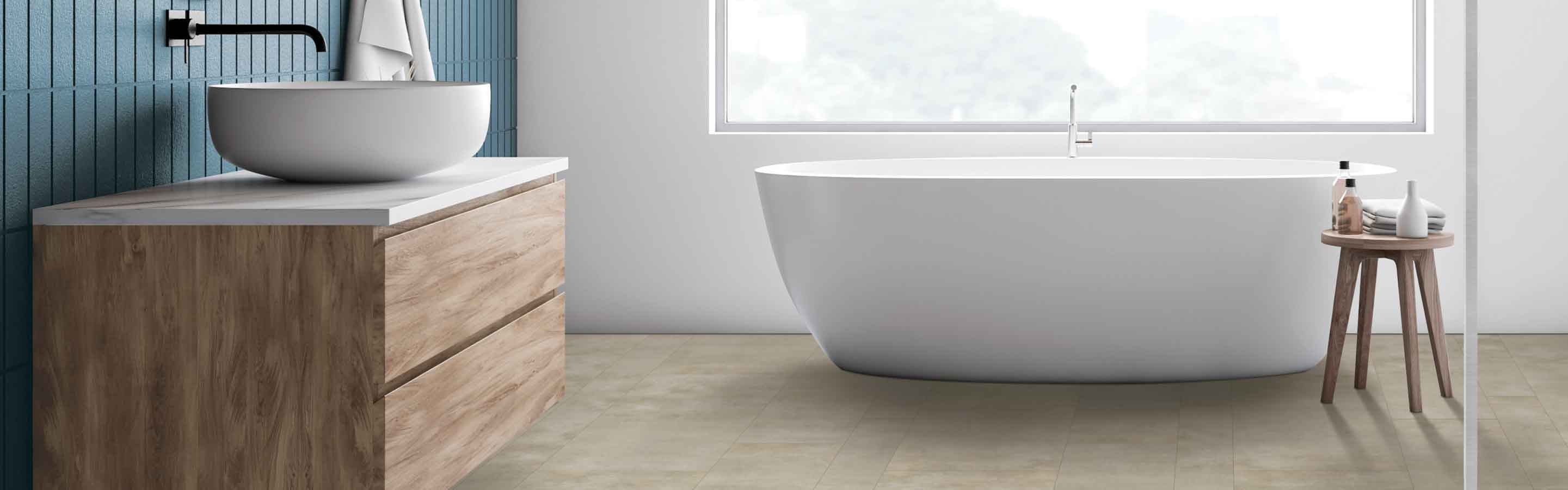 Vinyl tile and standing bathtub. 