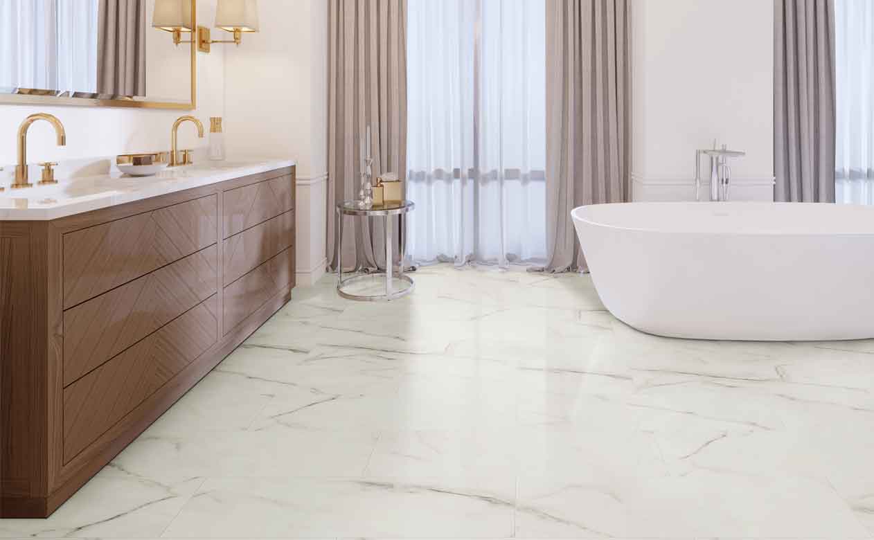 Vinyl tile with white marble look in bathroom. 