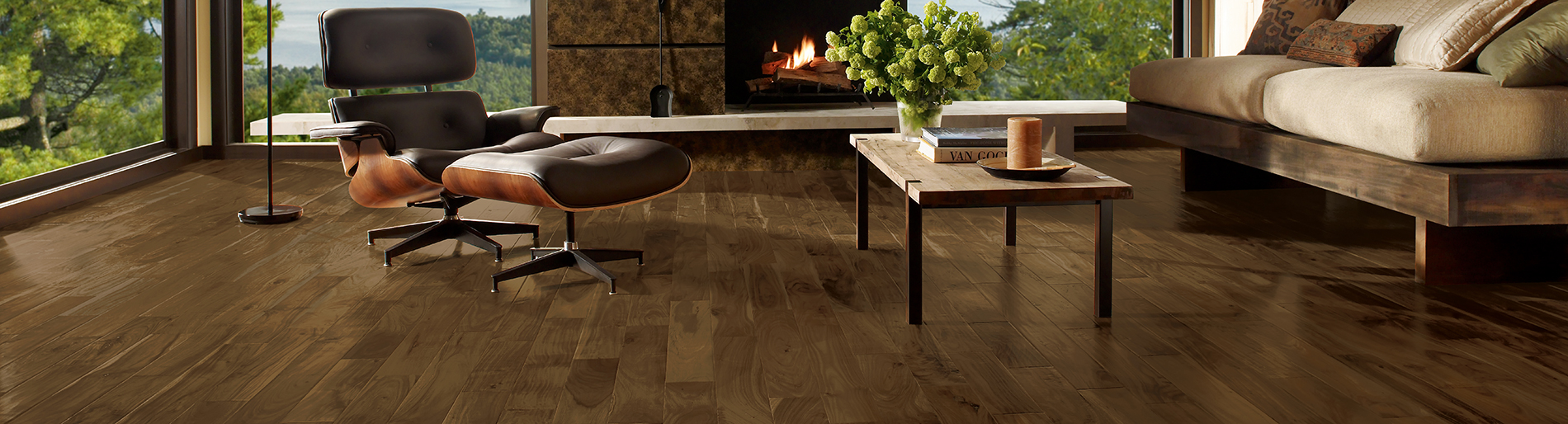 stylish modern living room with medium brown Invicible Hardwood floors